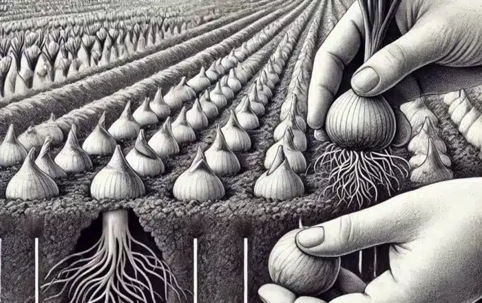 Black and white pencil sketch depicting hands planting saffron bulbs in raised rows of soil. The image highlights the correct depth of planting with layers of soil covering the bulbs, roots extending into the ground, and drainage trenches in the background to prevent water stagnation.